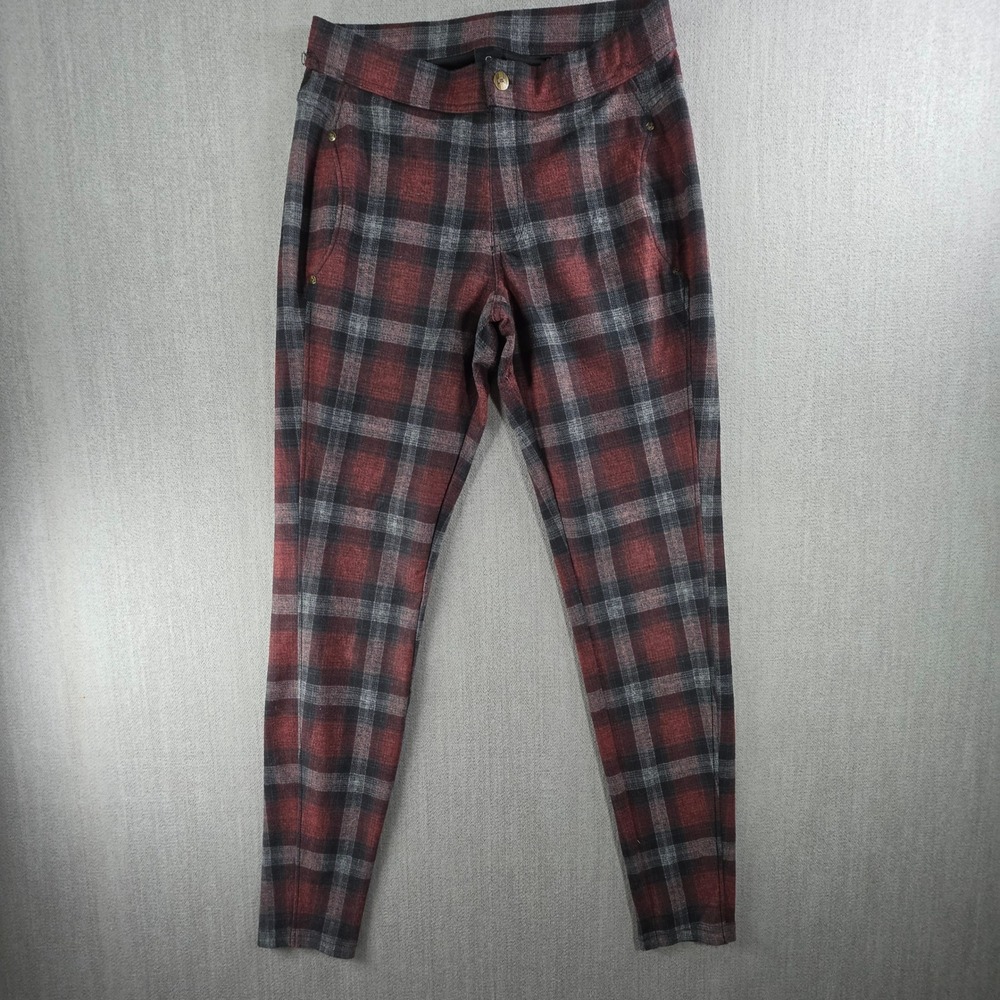 HUE Plaid Leggings Womens‎ Small Red Grey Check Stretch Skinny Pants 19666